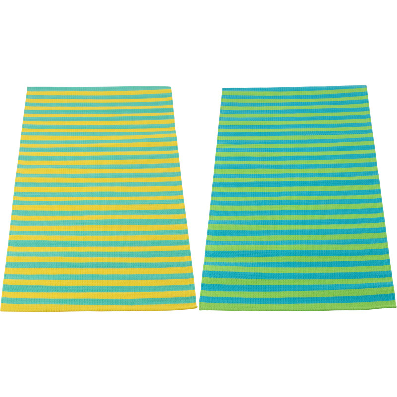 Lot de 2 Tapis de plage style riviera italienne Rectangulaire 70x150 Polypropylène Jaune Vert Turquoise Motif rayures La Spaggia