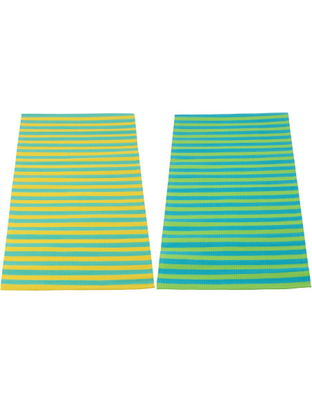Lot de 2 Tapis de plage style riviera italienne Rectangulaire 70x150 Polypropylène Jaune Vert Turquoise Motif rayures La Spaggia