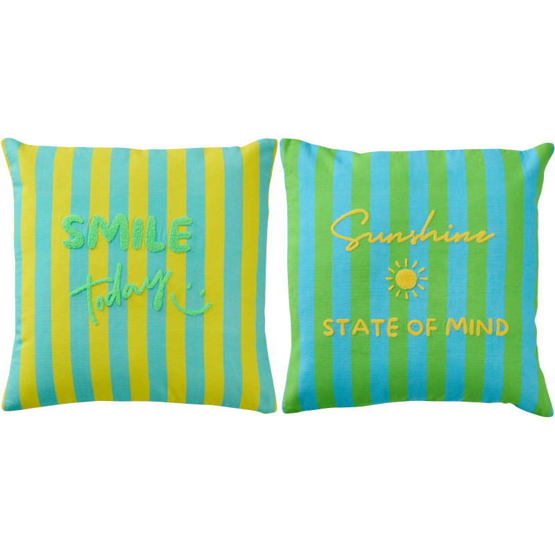 Lot de 2 Coussins style riviera italienne Carré 45x45 Coton Jaune Vert Turquoise Motif rayures La Spaggia 
