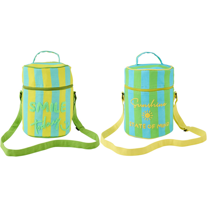 Lot de 2 Sacs repas isothermes style riviera italienne Rond H 26 cm Coton Jaune Vert Turquoise Motif rayures La Spaggia 