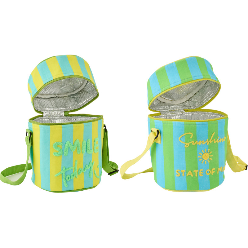 Lot de 2 Sacs repas isothermes style riviera italienne Rond H 26 cm Coton Jaune Vert Turquoise Motif rayures La Spaggia 