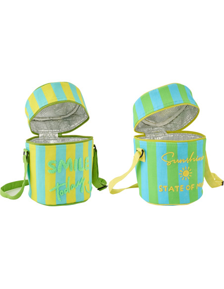 Lot de 2 Sacs repas isothermes style riviera italienne Rond H 26 cm Coton Jaune Vert Turquoise Motif rayures La Spaggia 