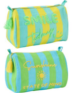 Lot de 2 Trousses de toilettes style riviera italienne 22 cm Coton Jaune Vert Turquoise Motif rayures La Spaggia 