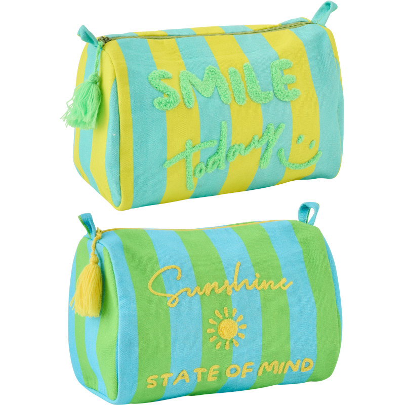 Lot de 2 Trousses de toilettes style riviera italienne 22 cm Coton Jaune Vert Turquoise Motif rayures La Spaggia 