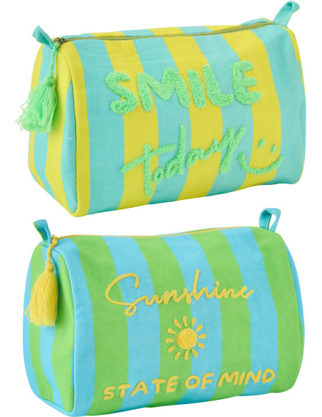 Lot de 2 Trousses de toilettes style riviera italienne 22 cm Coton Jaune Vert Turquoise Motif rayures La Spaggia 