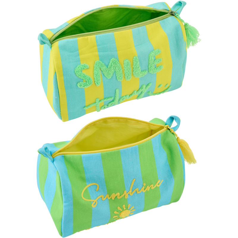 Lot de 2 Trousses de toilettes style riviera italienne 22 cm Coton Jaune Vert Turquoise Motif rayures La Spaggia 