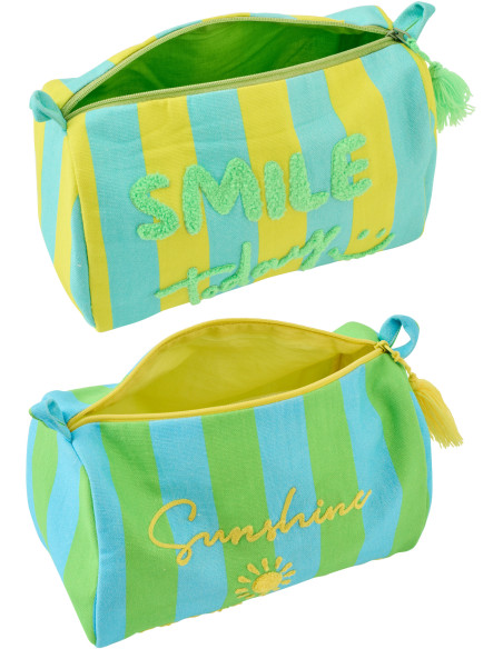 Lot de 2 Trousses de toilettes style riviera italienne 22 cm Coton Jaune Vert Turquoise Motif rayures La Spaggia 