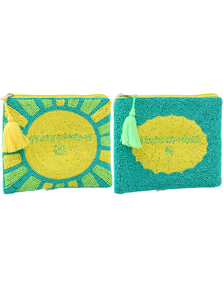 Lot de 2 Trousses style riviera italienne 19 cm Perle Coton Jaune Vert Turquoise Motif rayures La Spaggia 