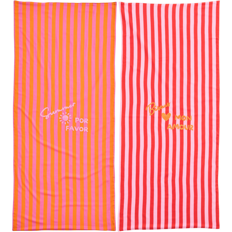 Lot de 2 Serviettes de plage style riviera italienne 80x180 Coton Rose Orange Rouge Motif rayures La Spaggia 