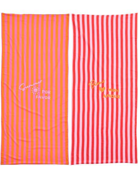Lot de 2 Serviettes de plage style riviera italienne 80x180 Coton Rose Orange Rouge Motif rayures La Spaggia 