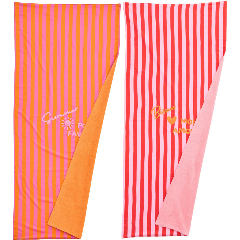 Lot de 2 Serviettes de plage style riviera italienne 80x180 Coton Rose Orange Rouge Motif rayures La Spaggia 