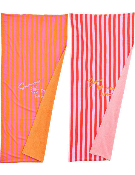 Lot de 2 Serviettes de plage style riviera italienne 80x180 Coton Rose Orange Rouge Motif rayures La Spaggia 