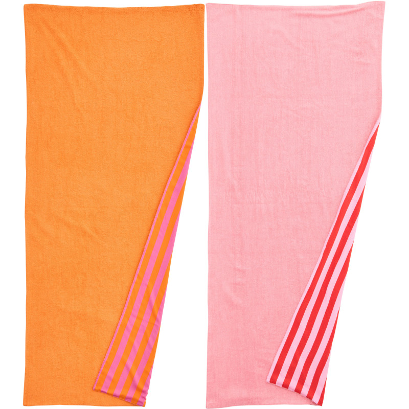 Lot de 2 Serviettes de plage style riviera italienne 80x180 Coton Rose Orange Rouge Motif rayures La Spaggia 