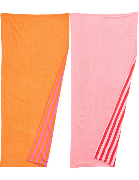 Lot de 2 Serviettes de plage style riviera italienne 80x180 Coton Rose Orange Rouge Motif rayures La Spaggia 