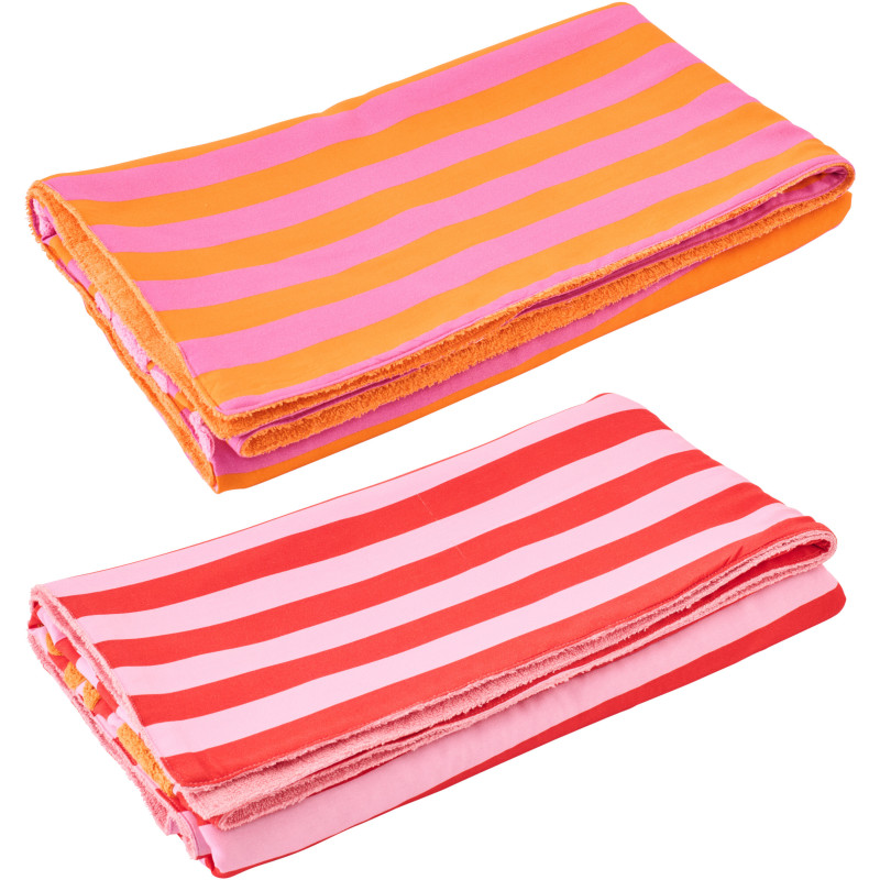 Lot de 2 Serviettes de plage style riviera italienne 80x180 Coton Rose Orange Rouge Motif rayures La Spaggia 