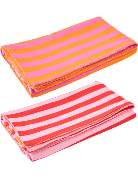 Lot de 2 Serviettes de plage style riviera italienne 80x180 Coton Rose Orange Rouge Motif rayures La Spaggia 
