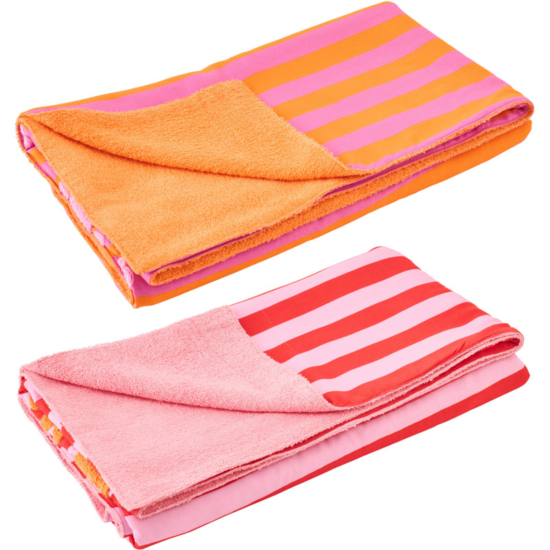 Lot de 2 Serviettes de plage style riviera italienne 80x180 Coton Rose Orange Rouge Motif rayures La Spaggia 