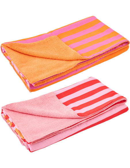Lot de 2 Serviettes de plage style riviera italienne 80x180 Coton Rose Orange Rouge Motif rayures La Spaggia 