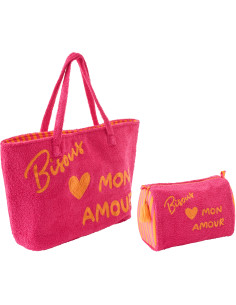 Sac de plage avec trousse style riviera italienne Coton Rose Orange Motif rayures La Spaggia 