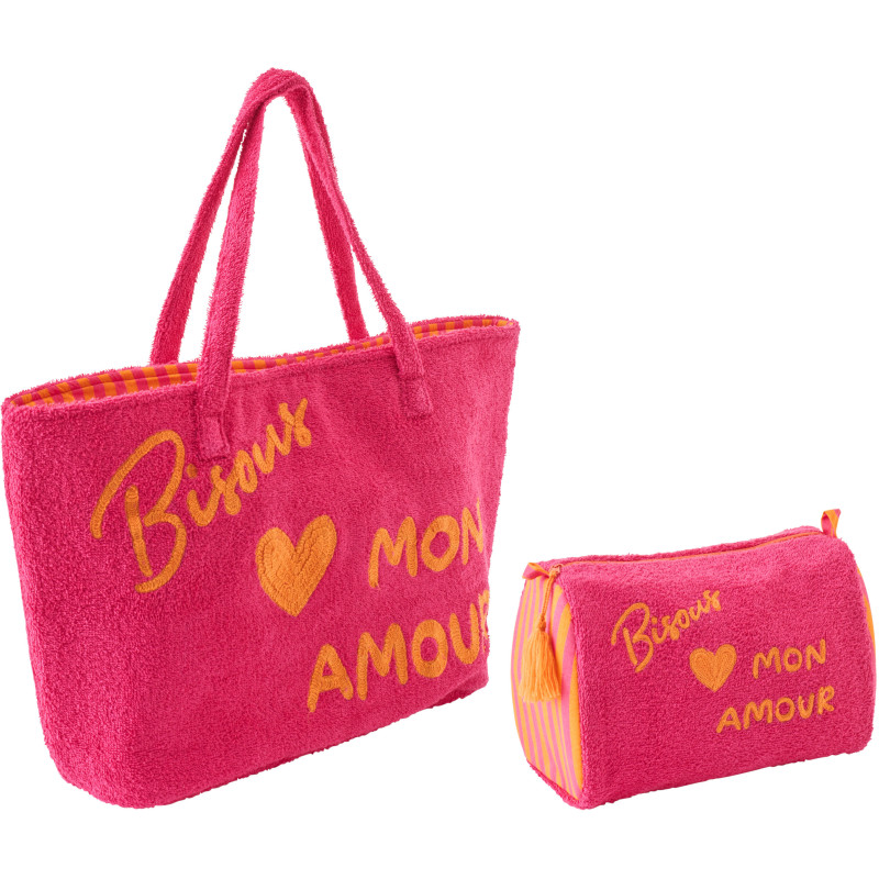 Sac de plage avec trousse style riviera italienne Coton Rose Orange Motif rayures La Spaggia 