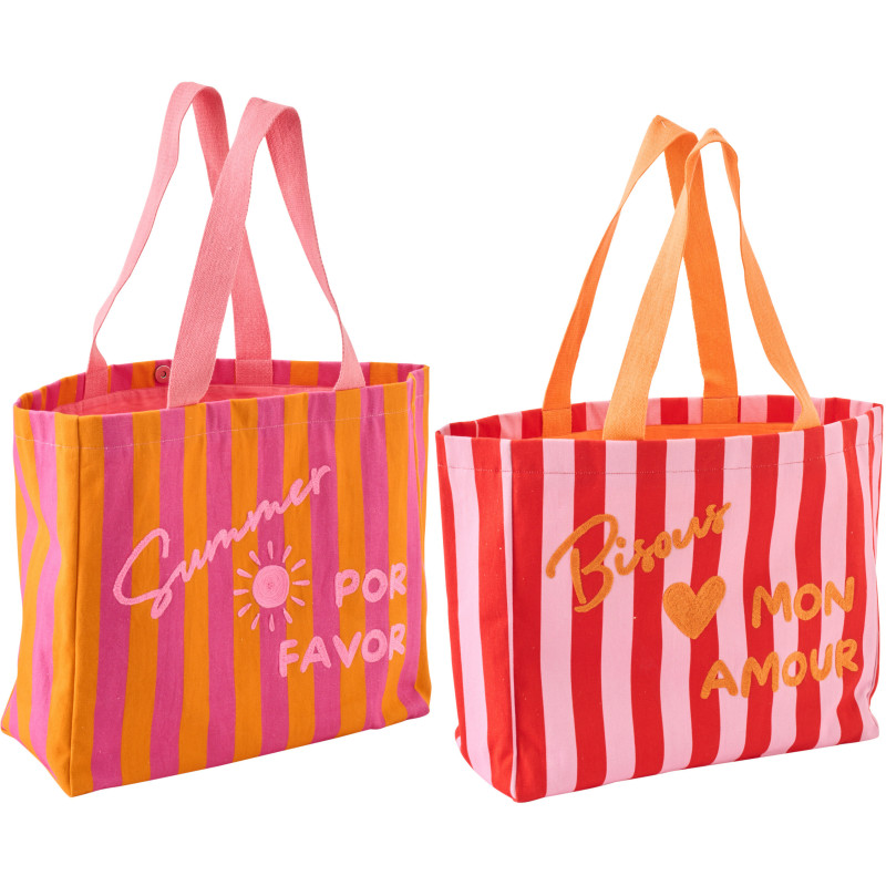 Lot de 2 Sacs de plage style riviera italienne 35 cm Coton Rose Orange Rouge Motif rayures La Spaggia 