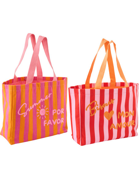Lot de 2 Sacs de plage style riviera italienne 35 cm Coton Rose Orange Rouge Motif rayures La Spaggia 