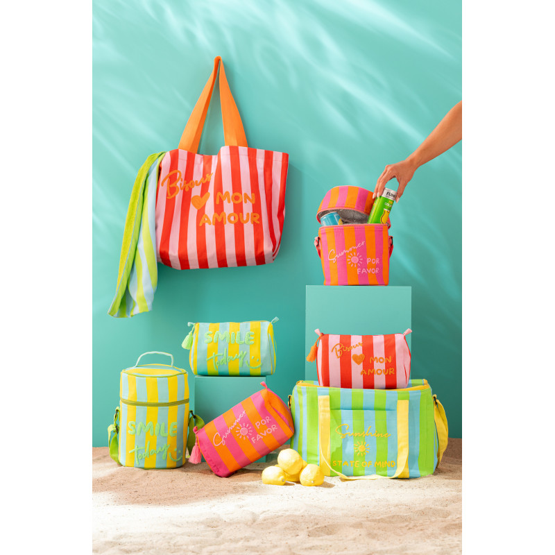 Lot de 2 Sacs de plage style riviera italienne 35 cm Coton Rose Orange Rouge Motif rayures La Spaggia 