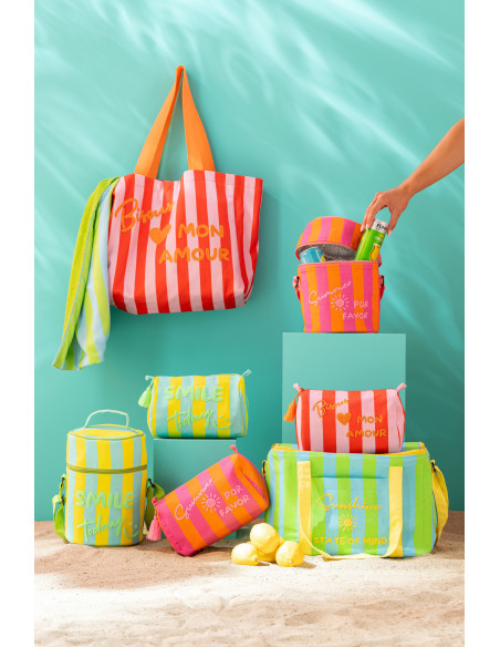 Lot de 2 Sacs de plage style riviera italienne 35 cm Coton Rose Orange Rouge Motif rayures La Spaggia 