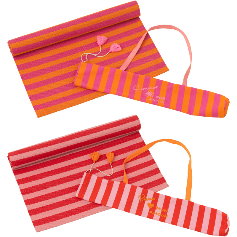 Lot de 2 Tapis de plage style riviera italienne Rectangulaire 70x150 Propylène Rose Orange Rouge Motif rayures La Spaggia 
