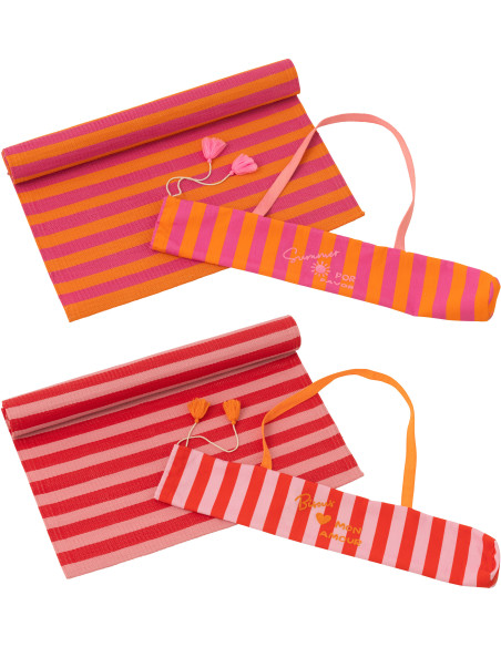 Lot de 2 Tapis de plage style riviera italienne Rectangulaire 70x150 Propylène Rose Orange Rouge Motif rayures La Spaggia 