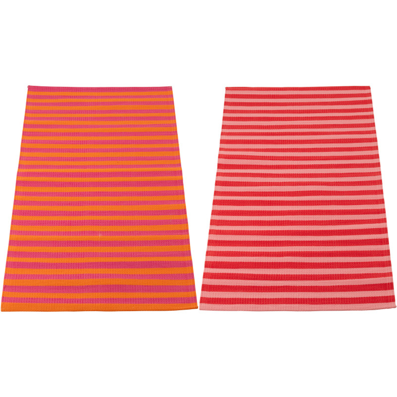 Lot de 2 Tapis de plage style riviera italienne Rectangulaire 70x150 Propylène Rose Orange Rouge Motif rayures La Spaggia 