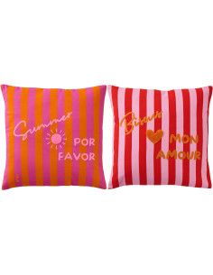 Lot de 2 Coussins style riviera italienne Carré 45x45 Coton Rose Orange Rouge Motif rayures La Spaggia 