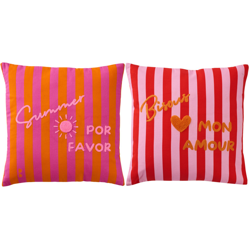 Lot de 2 Coussins style riviera italienne Carré 45x45 Coton Rose Orange Rouge Motif rayures La Spaggia 