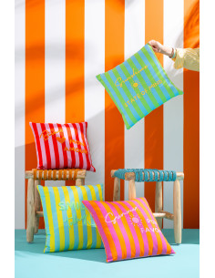 Lot de 2 Coussins style riviera italienne Carré 45x45 Coton Rose Orange Rouge Motif rayures La Spiaggia J-Line - 2
