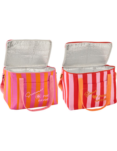 Lot de 2 Sacs repas isothermes style riviera italienne Rectangulaire 33 cm Coton Rose Orange Rouge Motif rayures La Spaggia 