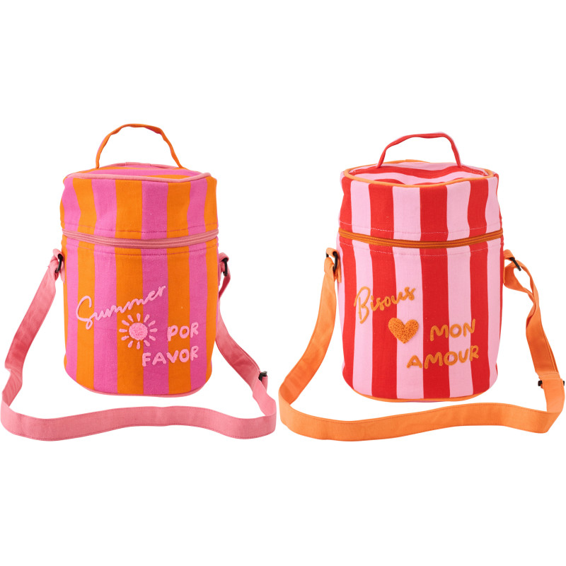 Lot de 2 Sacs repas isothermes style riviera italienne Rond H 26 cm Coton Rose Orange Rouge Motif rayures La Spaggia 