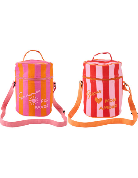 Lot de 2 Sacs repas isothermes style riviera italienne Rond H 26 cm Coton Rose Orange Rouge Motif rayures La Spaggia 