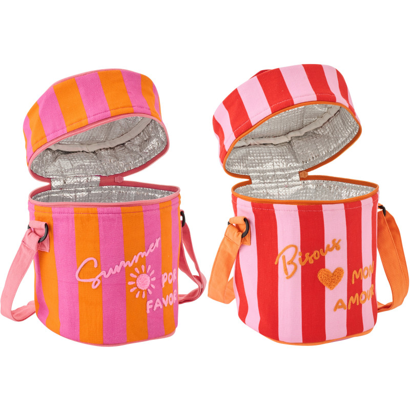 Lot de 2 Sacs repas isothermes style riviera italienne Rond H 26 cm Coton Rose Orange Rouge Motif rayures La Spaggia 