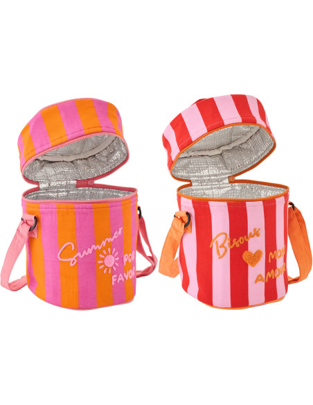 Lot de 2 Sacs repas isothermes style riviera italienne Rond H 26 cm Coton Rose Orange Rouge Motif rayures La Spaggia 