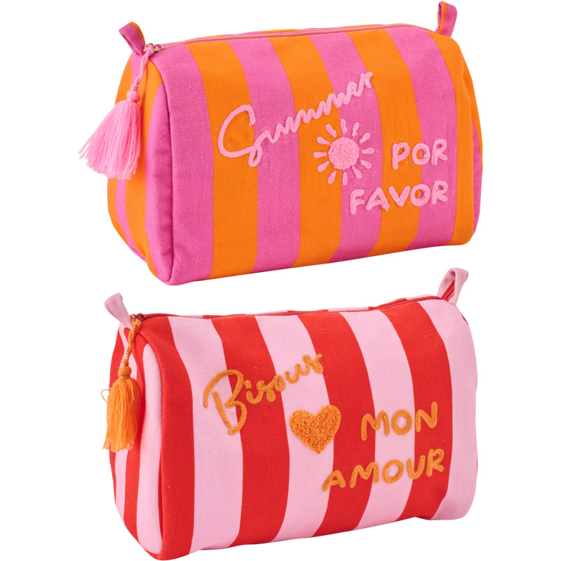 Lot de 2 Trousses de toilettes style riviera italienne 22 cm Coton Rose Orange Rouge Motif rayures La Spaggia 