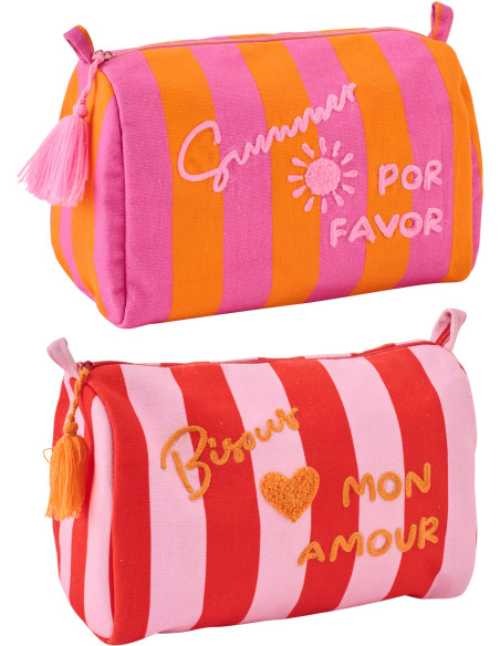 Lot de 2 Trousses de toilettes style riviera italienne 22 cm Coton Rose Orange Rouge Motif rayures La Spaggia 