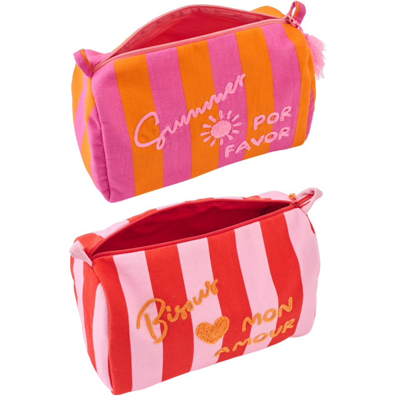 Lot de 2 Trousses de toilettes style riviera italienne 22 cm Coton Rose Orange Rouge Motif rayures La Spaggia 