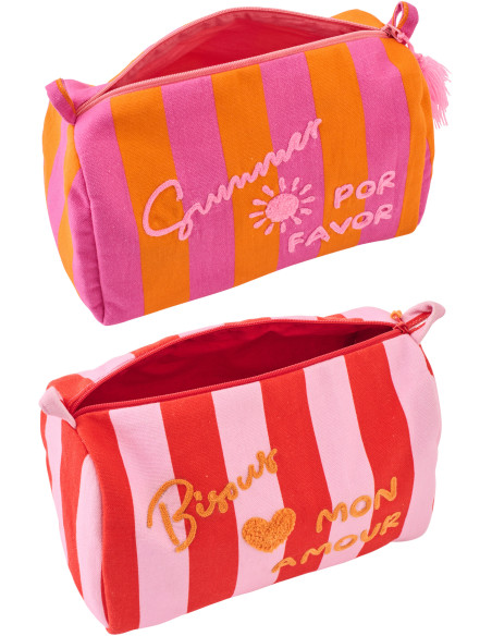 Lot de 2 Trousses de toilettes style riviera italienne 22 cm Coton Rose Orange Rouge Motif rayures La Spaggia 