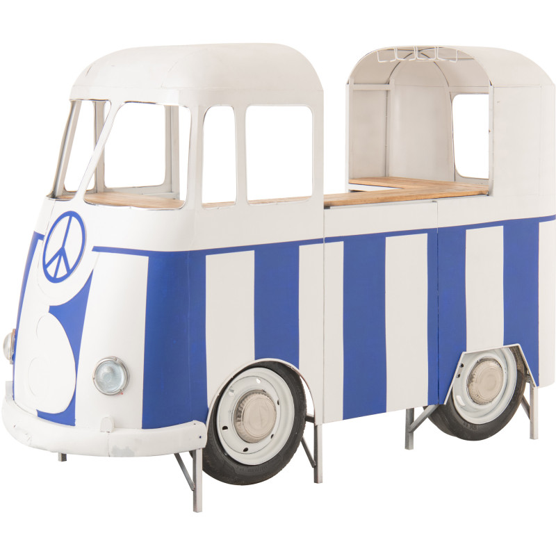 Meuble bar original Combi vintage 227 cm Métal Blanc Bleu Motif rayures Bois Naturel Surfside 