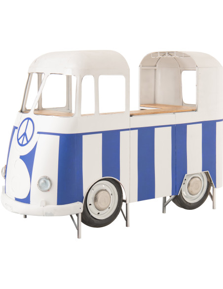 Meuble bar original Combi vintage 227 cm Métal Blanc Bleu Motif rayures Bois Naturel Surfside 