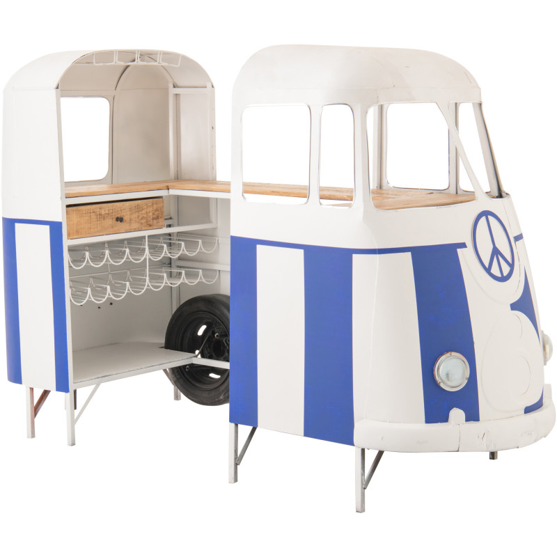 Meuble bar original Combi vintage 227 cm Métal Blanc Bleu Motif rayures Bois Naturel Surfside 