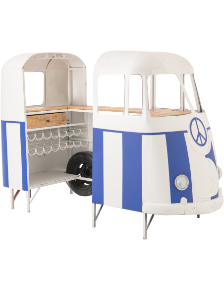 Meuble bar original Combi vintage 227 cm Métal Blanc Bleu Motif rayures Bois Naturel Surfside 
