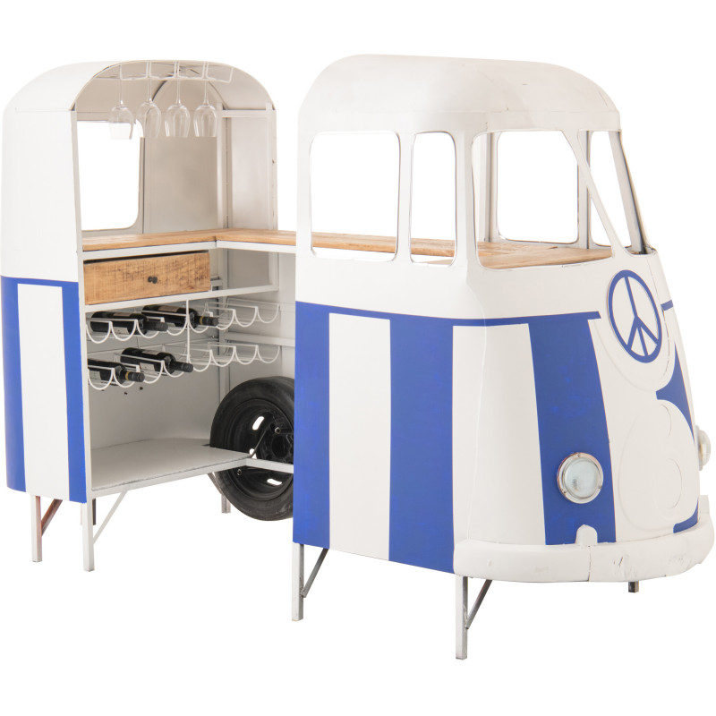 Meuble bar original Combi vintage 227 cm Métal Blanc Bleu Motif rayures Bois Naturel Surfside 