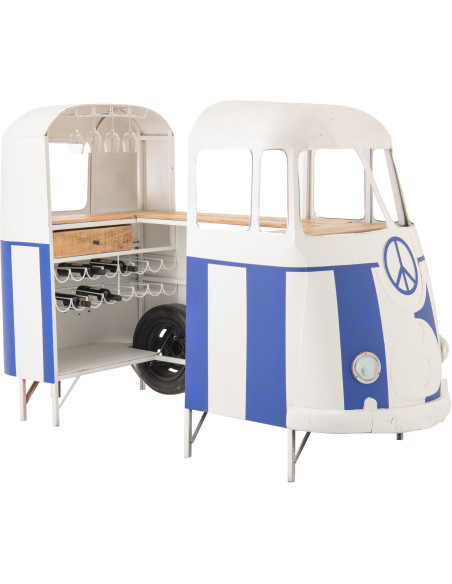 Meuble bar original Combi vintage 227 cm Métal Blanc Bleu Motif rayures Bois Naturel Surfside 
