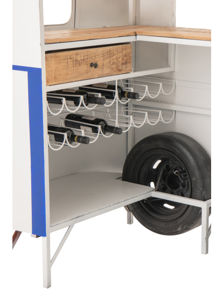 Meuble bar original Combi vintage 227 cm Métal Blanc Bleu Motif rayures Bois Naturel Surfside 